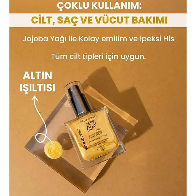 Bade Natural Summer Vibes Lets Glow Shimmering Oil Gold - Çok Amaçlı Işıltılı Yağ 50ml - 3