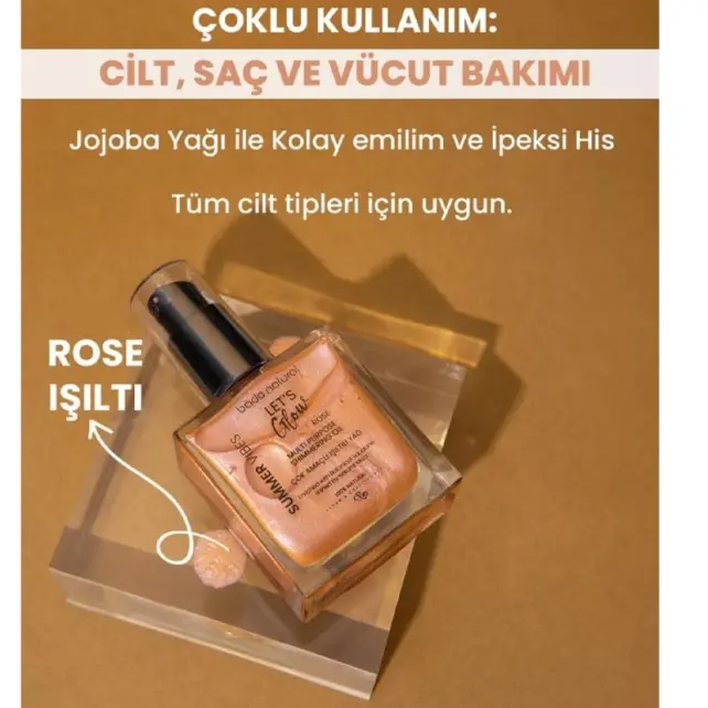 Bade Natural Summer Vibes Lets Glow Shimmering Oil Rose - Çok Amaçlı Işıltılı Yağ - 3