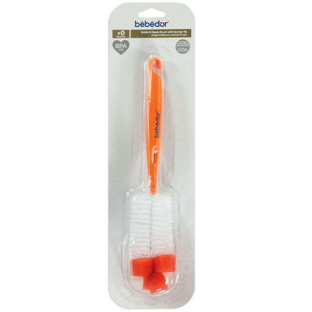 Bebedor Süngerli Biberon ve Emzik Temizleme Fırçası - Turuncu - 1