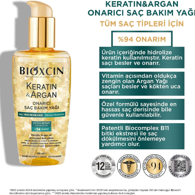 Bioxcin Keratin Argan Onarıcı Saç Bakım Yağı 150ml - 7