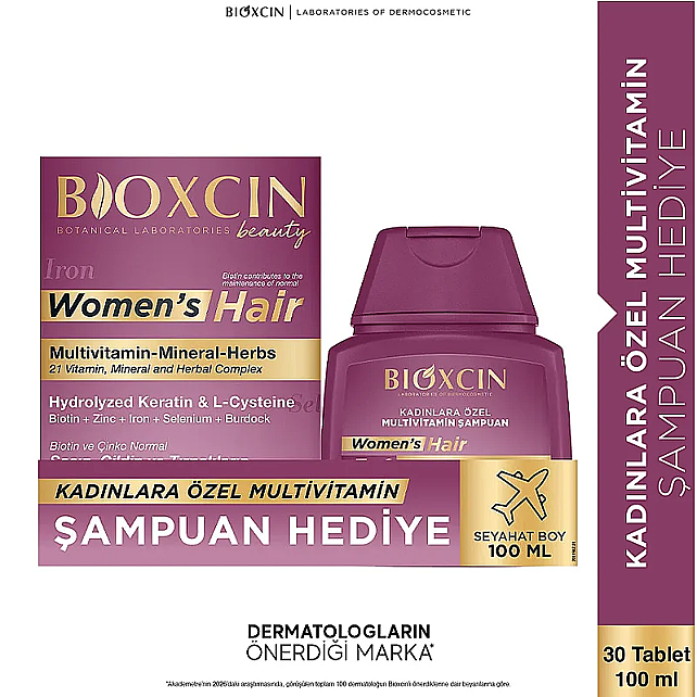 Bioxcin Womens Hair Takviye Edici Gıda 30 Tablet & Saç Bakım Şampuanı 100ml Hediye - 8