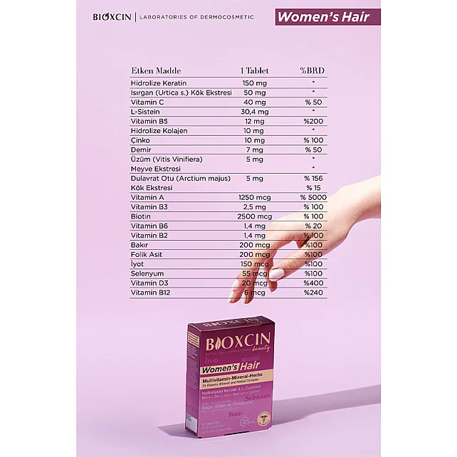 Bioxcin Womens Hair Takviye Edici Gıda 30 Tablet & Saç Bakım Şampuanı 100ml Hediye - 3