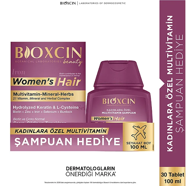 Bioxcin Womens Hair Takviye Edici Gıda 30 Tablet & Saç Bakım Şampuanı 100ml Hediye - 8