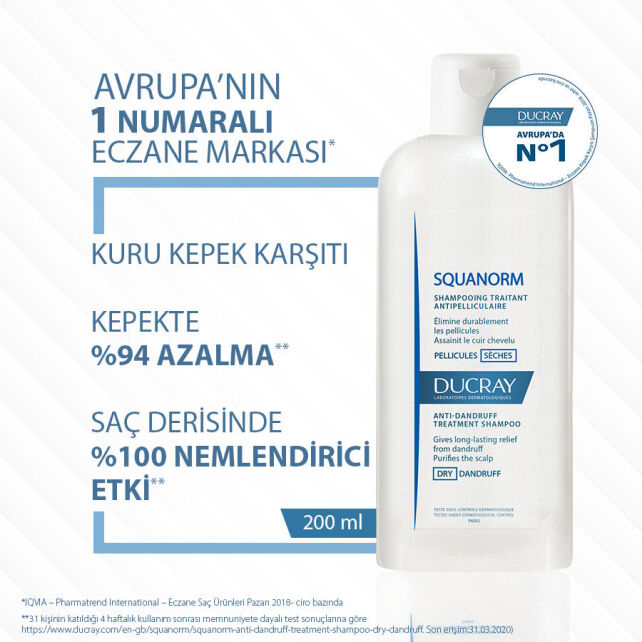 Ducray Squanorm Dry Dandruff Treatment Shampoo - Kuru Kepek Karşıtı Şampuan 200ml - 1