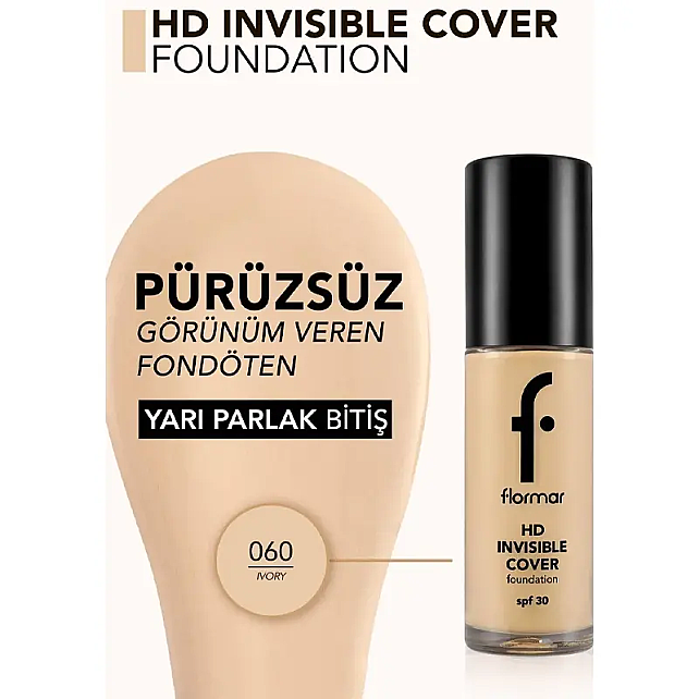 Flormar Invisible Cover Foundation - Fondöten No: 60 Ivory 30ml - 3