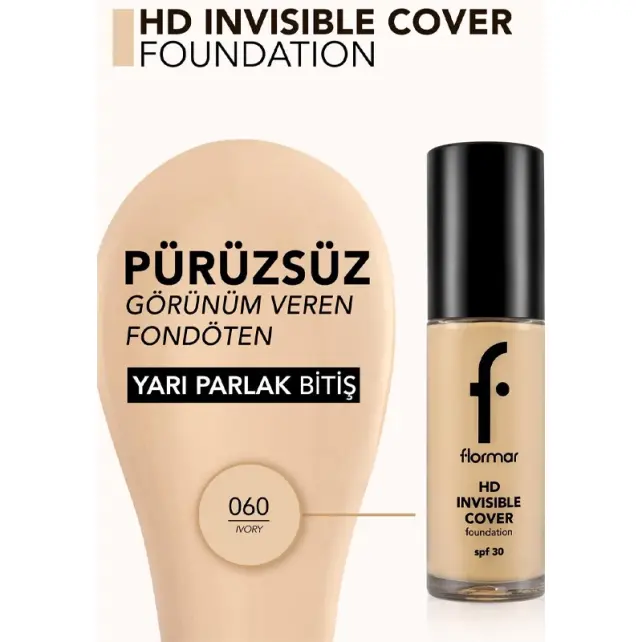 Flormar Invisible Cover Foundation - Fondöten No:60 Ivory 30ml - 3
