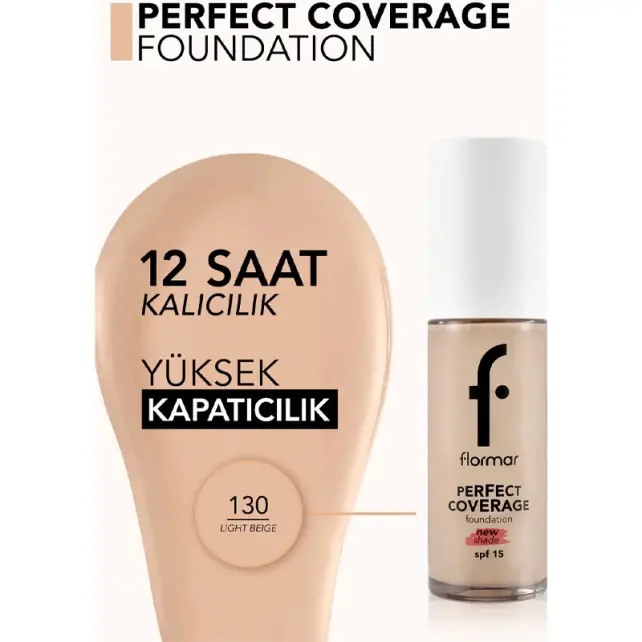 Flormar Perfect Coverage SPF15 - Yüksek Kapatıcı Fondöten No: 130 Light Beige - 3