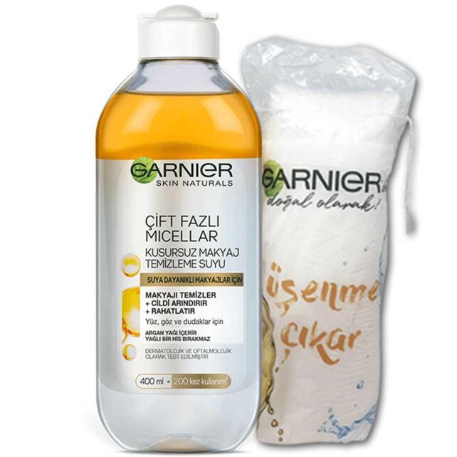 Garnier Çift Fazlı Micellar Makyaj Temizleme Suyu 400ml + Pamuk Set Garnier Çift Fazlı Micellar Makyaj Temizleme Suyu 400ml + Pamuk Set