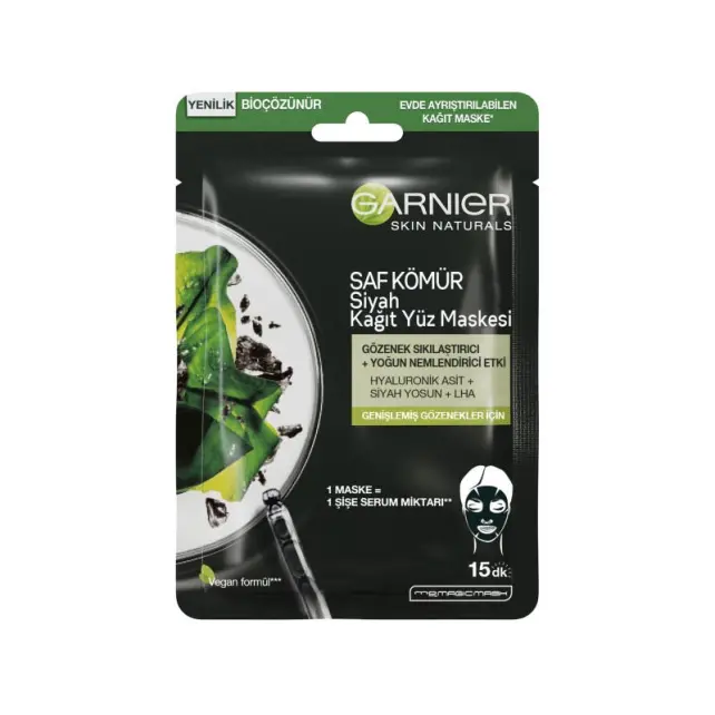 Garnier Saf Kömür - Siyah Yosun Özlü Gözenek Karşıtı Kağıt Yüz Maskesi - 1