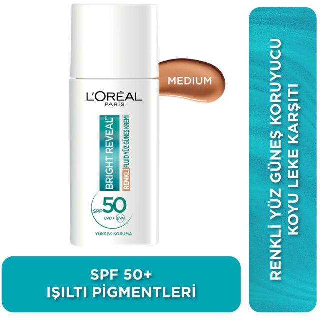 Loreal Paris Bright Reveal SPF 50+ Renkli Fluid Yüz Güneş Kremi Medium 50ml - 4