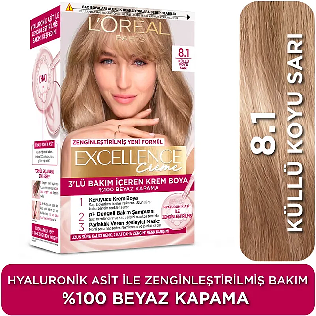 Loreal Paris Excellence Creme - Krem Saç Boyası No: 8.1 Küllü Koyu Sarı - 3