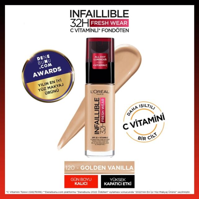 Loreal Paris Infaillible 24H Fresh Wear - Kapatıcı Fondöten No:120 Vanilla - 2