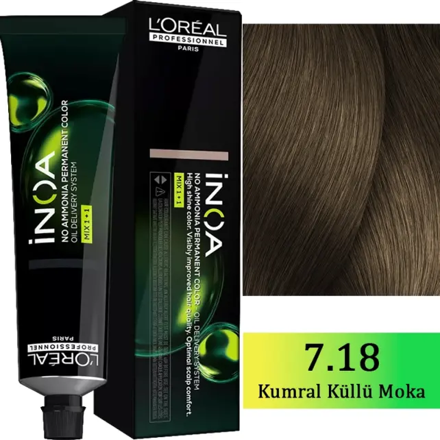 Loreal Professionnel Inoa - Amonyaksız Saç Boyası No: 7.18 Kumral Küllü Moka 60g - 1