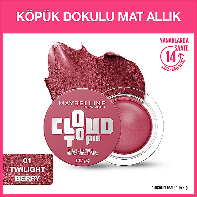 Maybelline Cloudtopia Cheek Lip Mousse - Köpük Dokulu Mat Allık No: 01 Twilight Berry - 5