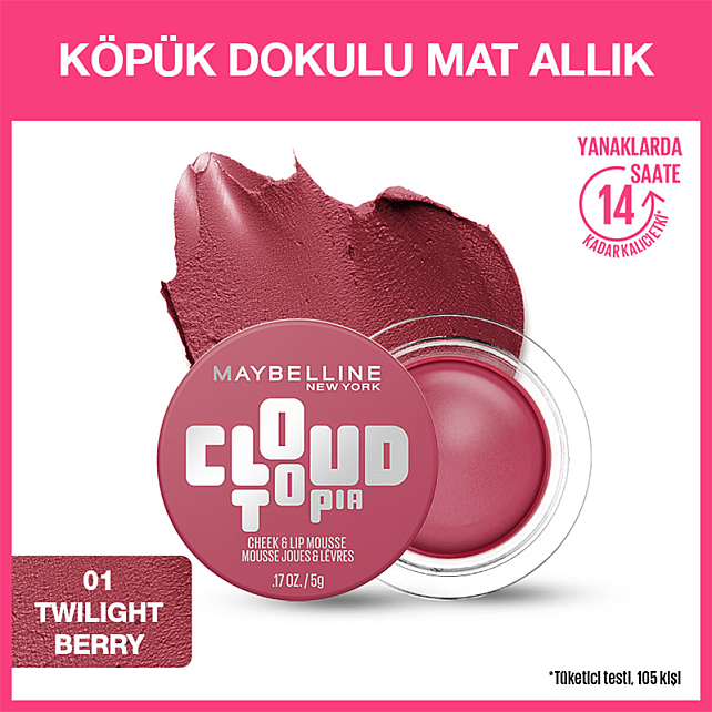 Maybelline Cloudtopia Cheek Lip Mousse - Köpük Dokulu Mat Allık No: 01 Twilight Berry - 5