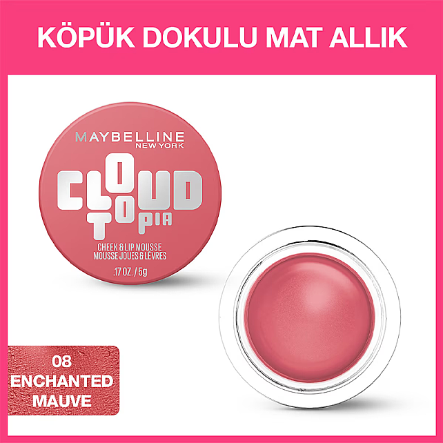 Maybelline Cloudtopia Cheek Lip Mousse - Köpük Dokulu Mat Allık No: 08 Enchanted Mauve - 6