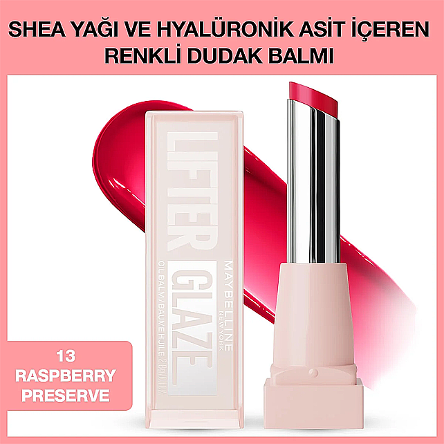 Maybelline Lifter Glaze Oil Balm - Renkli Dudak Yağı Balsamı No: 13 Raspberry Preserve - 2