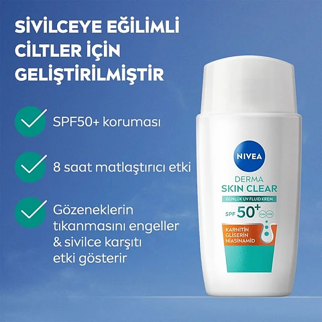 Nivea Derma Skin Clear UV Fluid SPF 50+ Akne Karşıtı Yüz Güneş Kremi 40ml - 2