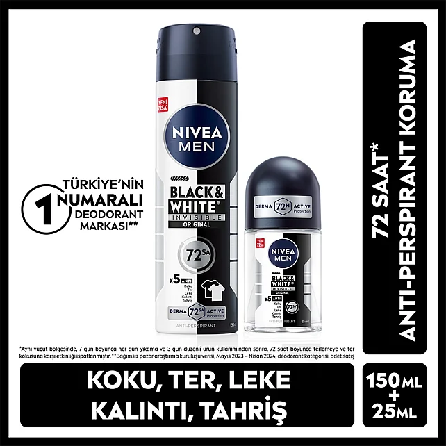 Nivea Men Black & White Invisible Erkek Deodorant Sprey 150 ml & Roll On 25 ml - 7
