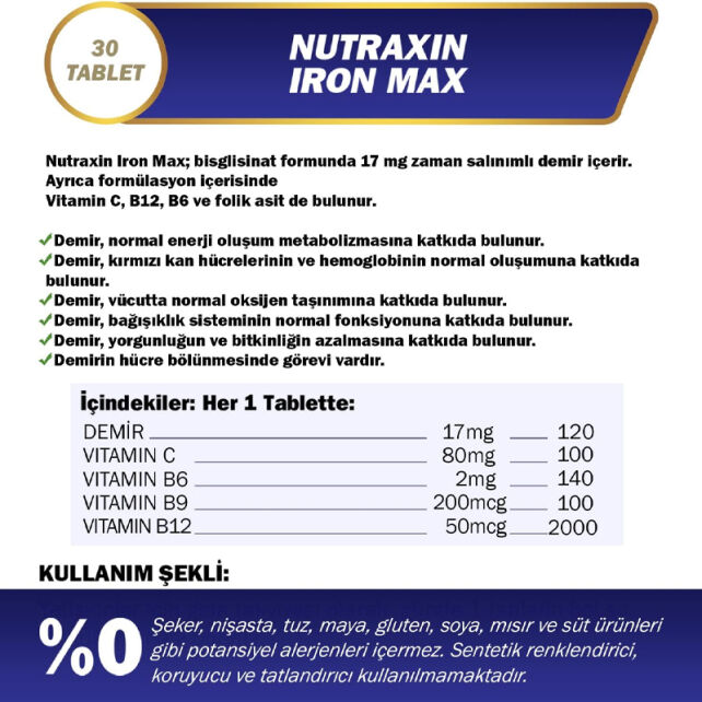 Nutraxin Iron Max - Takviye Edici Gıda 30 Tablet - 2