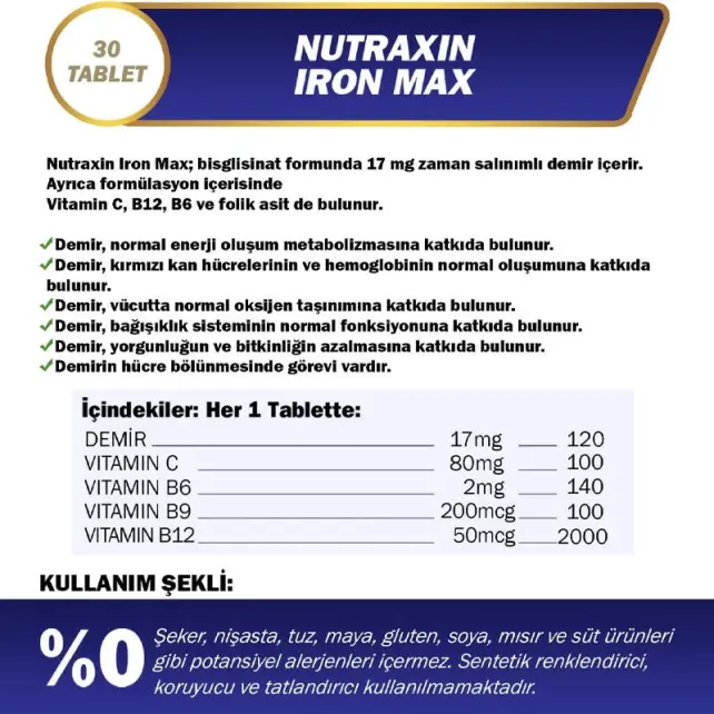Nutraxin Iron Max - Takviye Edici Gıda 30 Tablet - 2
