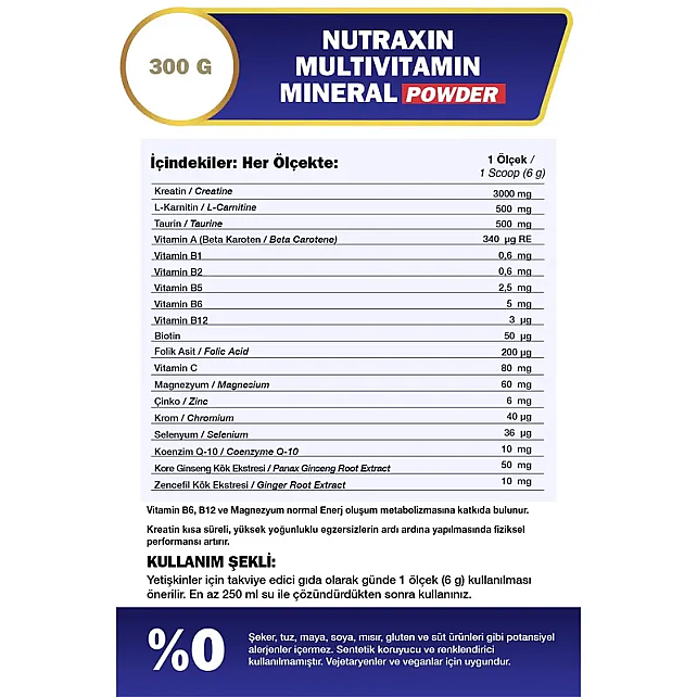 Nutraxin Sport Multivitamin Mineral Powder - Toz Gıda Takviyesi 300gr - 3