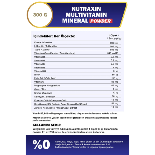 Nutraxin Sport Multivitamin Mineral Powder - Toz Gıda Takviyesi 300gr - 3