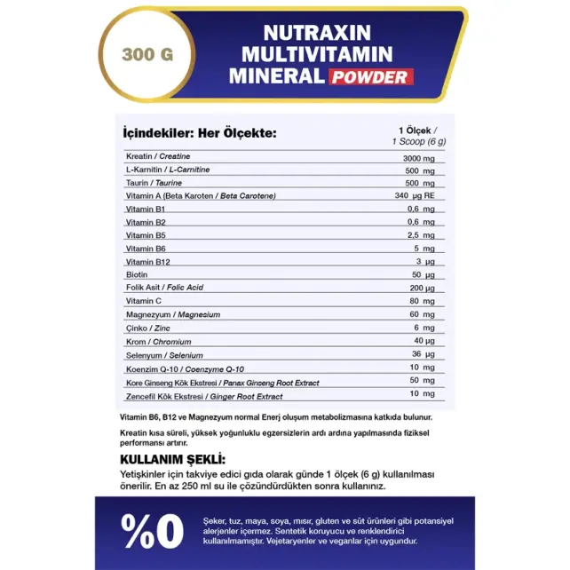 Nutraxin Sport Multivitamin Mineral Powder - Toz Gıda Takviyesi 300gr - 3