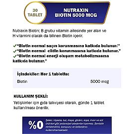 Nutraxin Vitals Biotin 5000 Mcg - Takviye Edici Gıda 30 Tablet - 3