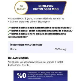 Nutraxin Vitals Biotin 5000 mcg - Takviye Edici Gıda 30 Tablet - 3