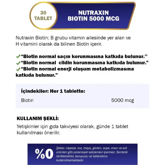 Nutraxin Vitals Biotin 5000 mcg - Takviye Edici Gıda 30 Tablet - 3