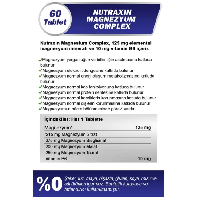 Nutraxin Vitals Magnesium Complex Vitamin B6 - Takviye Edici Gıda 60 Tablet - 3