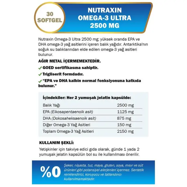 Nutraxin Vitals Omega-3 Ultra 2500mg - Takviye Edici Gıda 30 Softjel Kapsül - 3