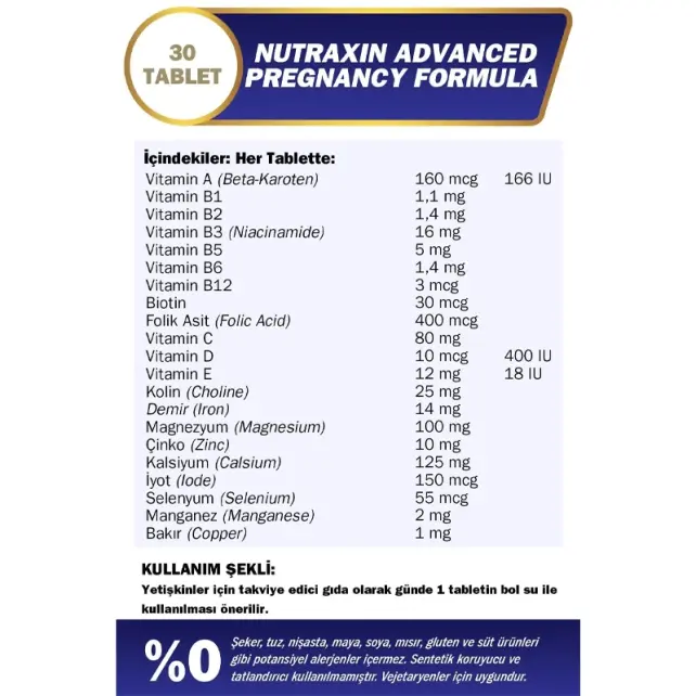 Nutraxin Vitals Pregnancy Formula Multivitamin ve Mineral - Takviye Edici Gıda 30 Tablet - 3