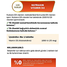 Nutraxin Vitals Vitamin D3 1000 IU - Takviye Edici Gıda 120 Tablet - 3