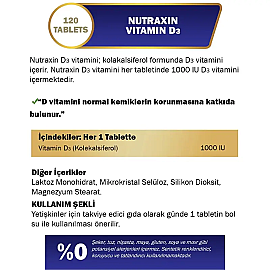 Nutraxin Vitals Vitamin D3 1000 IU - Takviye Edici Gıda 120 Tablet - 4