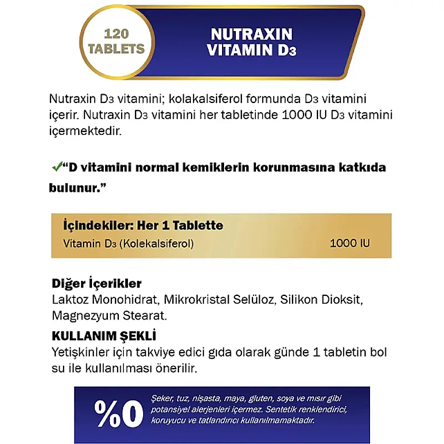 Nutraxin Vitals Vitamin D3 1000 IU - Takviye Edici Gıda 120 Tablet - 4