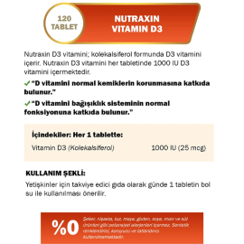 Nutraxin Vitals Vitamin D3 1000 IU - Takviye Edici Gıda 120 Tablet - 3