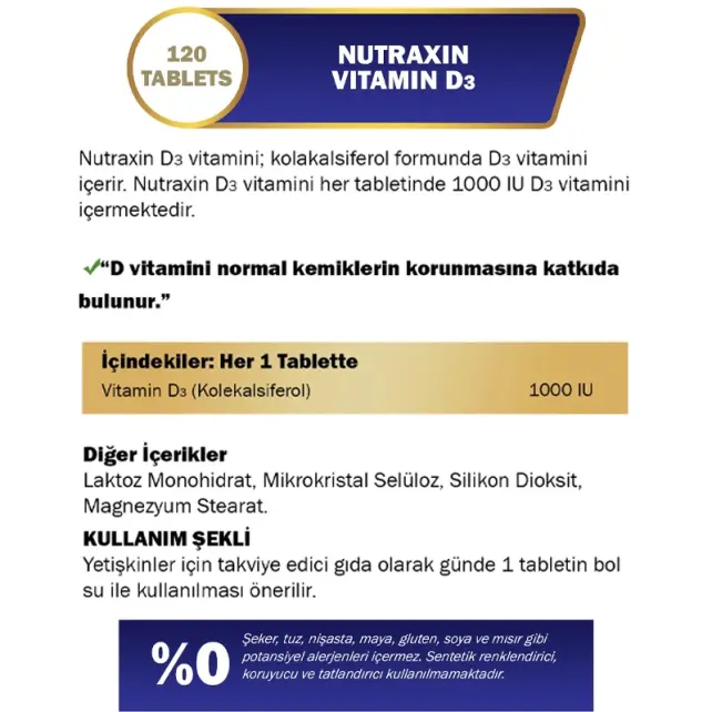 Nutraxin Vitals Vitamin D3 1000 IU - Takviye Edici Gıda 120 Tablet - 4