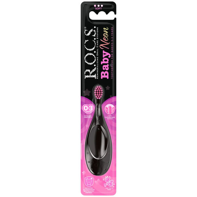 Rocs Baby Neon - Bebekler için Diş Fırçası Siyah/Pembe 0-3 Yaş - 1