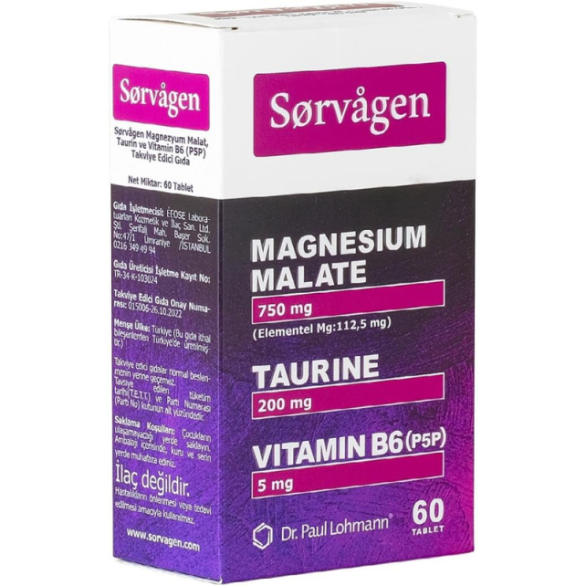 Sorvagen Magnezyum Malat, Taurin ve Vitamin B6 Takviye Edici Gıda 60 Tablet - 1
