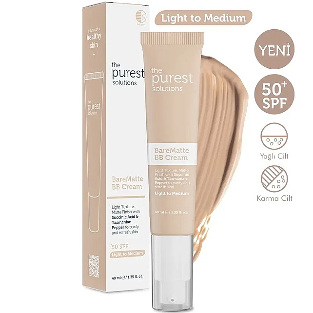 The Purest Solutions Bare Matte BB Cream SPF 50+ Yağlı Cilt Renkli Nemlendirici No: 100 Light To Medium 40ml - 2