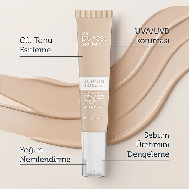 The Purest Solutions Bare Matte BB Cream SPF 50+ Yağlı Cilt Renkli Nemlendirici No: 100 Light To Medium 40ml - 5